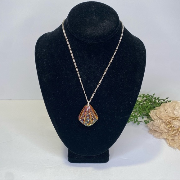 Vintage Germany Iridescent Rainbow Glass Pendant on Silver Chain Necklace - Picture 1 of 11